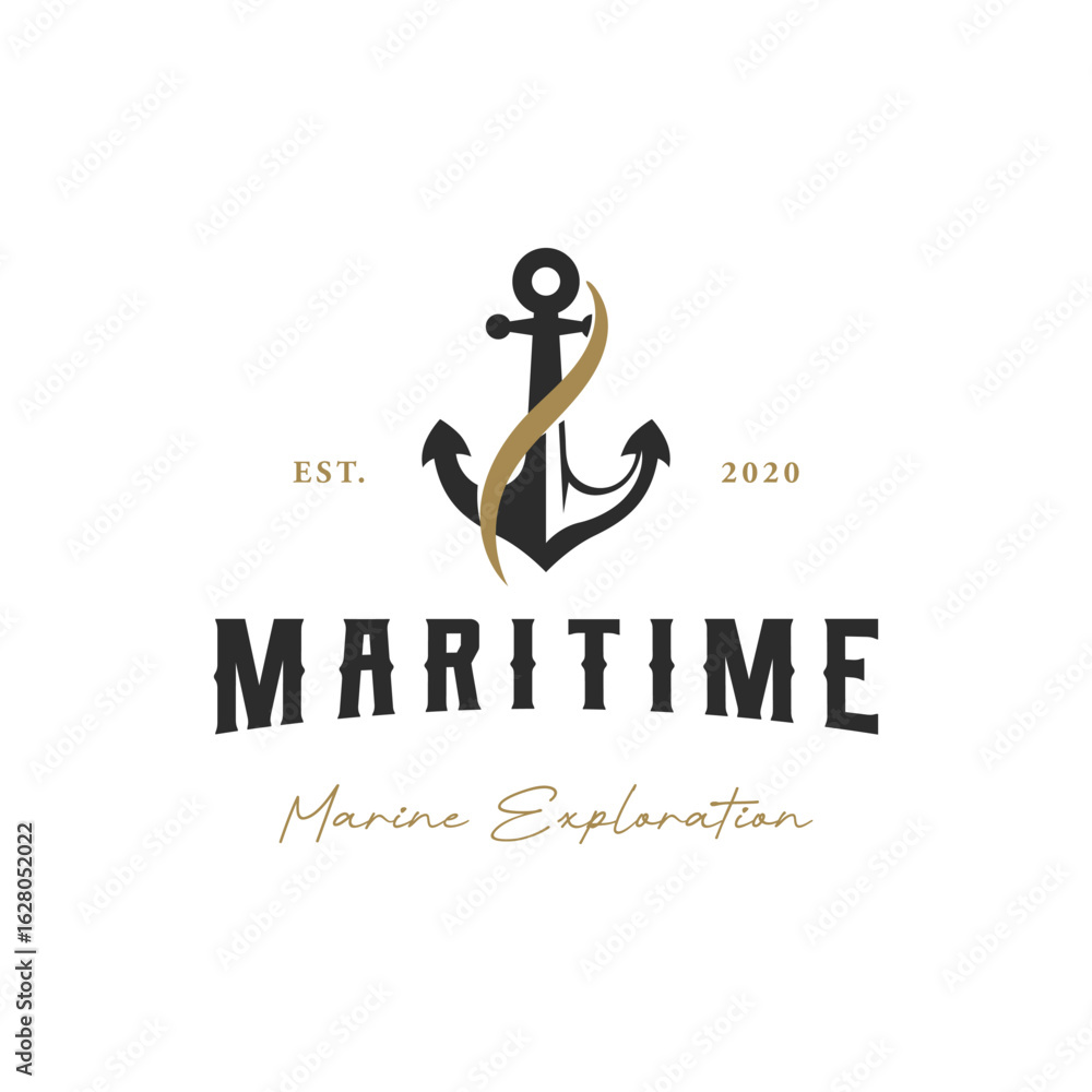Fototapeta premium Yacht rudder logo template design with sea waves, rope and vintage anchor. Logo for business, sailor, sailing.