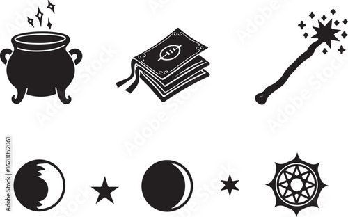 Magical icons: cauldron, spellbook, wand, moon phases, stars