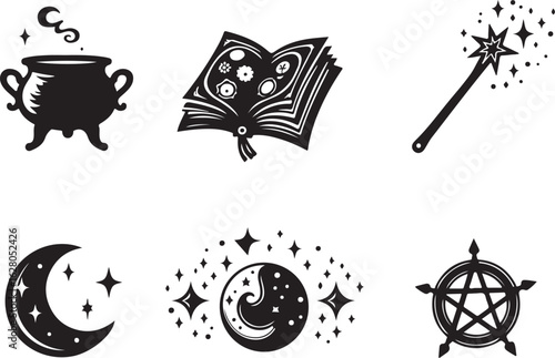Magical symbols: cauldron, book, wand, moon, stars, pentagram