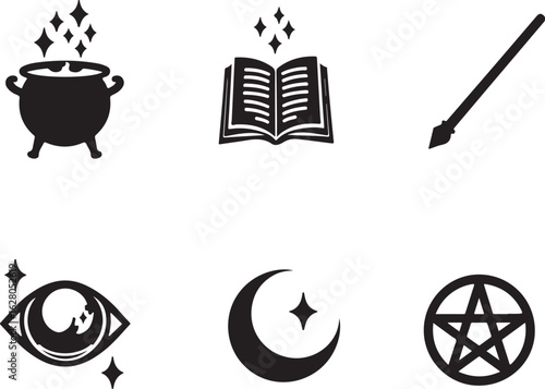 Magic symbols mystical cauldron book wand eye moon pentagram