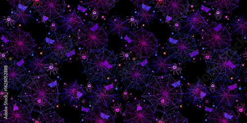 Seamless pattern. Multicolored web, spiders and moths on a black background