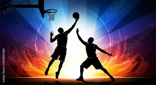 Dynamic basketball showdown silhouetted against an energetic backdrop, conveying athleticism, competition and the vibrant energy of the sport with striking contrast and abstract elements