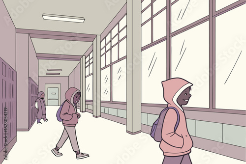 Students walking in a school hallway with lockers and large windows on the right side of the hallway