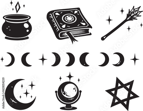 Mystical magic elements: cauldron, book, wand, moon phases, crystal ball