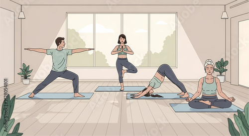 Harmonious Yoga Session: A Group of Individuals Finding Balance and Serenity in a Bright and Airy Studio Offering a Moment of Calm and Well-being for Body and Mind
