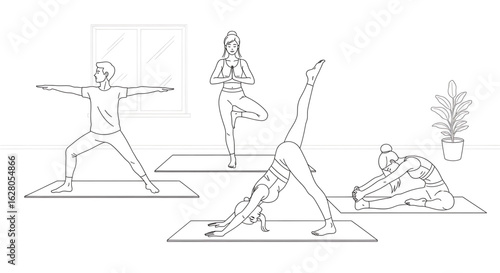 Line art illustration depicting a group of people practicing different yoga poses in a bright and spacious studio with minimalist design elements promoting wellness and relaxation