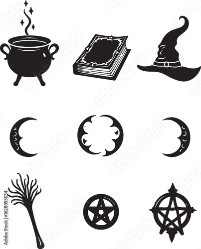 Magical mystical icons spellbook cauldron witch hat moons pentagram