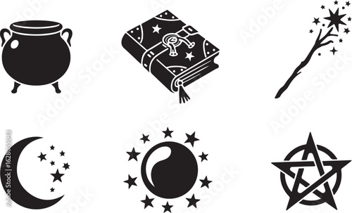 Magic symbols: cauldron, book, wand, moon, sun, pentagram