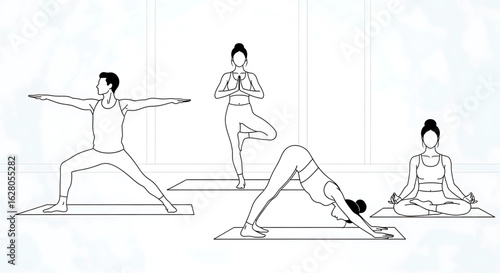 Serene Yoga Poses in Minimalist Style: A Black and White Depiction of Balance and Harmony for Mind and Body Practicing in a Spacious Studio