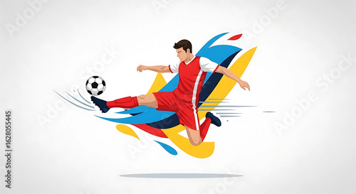 Dynamic depiction of a soccer player executing a powerful kick surrounded by vibrant abstract shapes indicating motion and energy in a minimalist art style