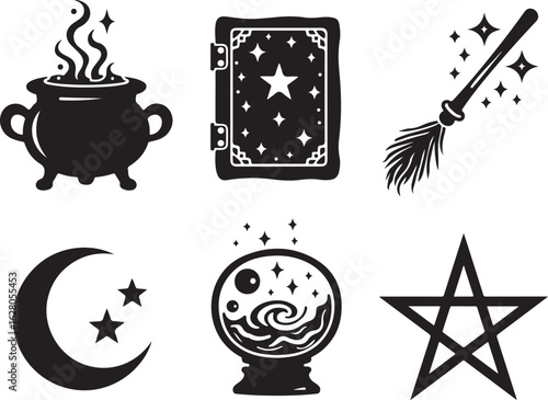 Mystical symbols like cauldron, broom, crystal ball, moon, stars