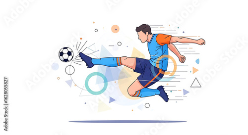 Dynamic soccer player illustration mid-kick with abstract geometric design elements creating sense of motion and energy emphasizing athleticism and the fast-paced nature of the game