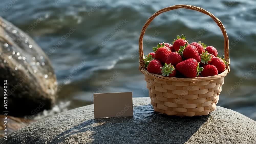Wicker basket with fresh red strawberries sits on a rock with water and blank card