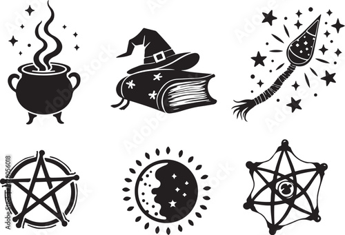 Mystical symbols: cauldron, book, wand, pentagram, sun, amulet