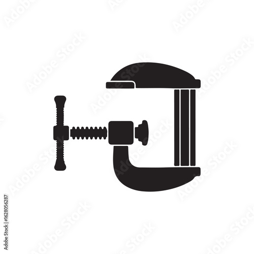 A black silhouette of a c clamp tool used for holding objects tightly together