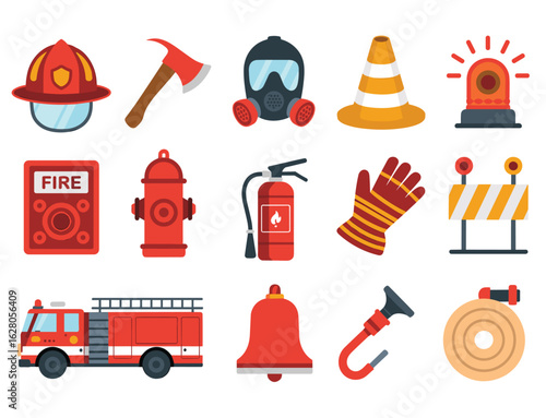 Firefighter equipment and vehicle flat design icons on white background fire truck helmet