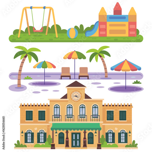 Flat cartoon illustration of resort amenities with playground pool and building vacation leisure
