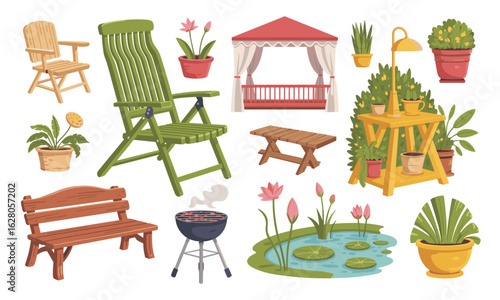 Flat cartoon style illustration of outdoor furniture and garden elements flat style
