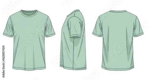 Mint Green T-Shirt Technical Illustration: Front, Side, and Back View Mockup