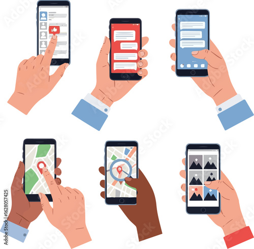 Isolated a kinds of deferent hand, mobile, phone, business, tablet, technology, smartphone, internet, screen, smart, communication, holding,computer, touch, online vector art with background.