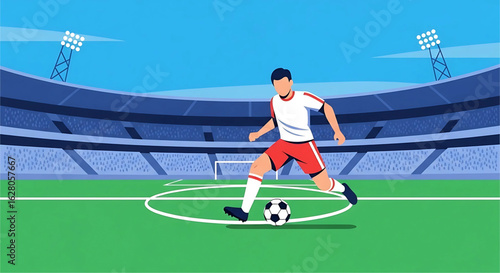 Dynamic Soccer Match: A Striker's Precision Kick in a Vibrant Stadium Setting with Ethereal Sky Accentuating the Energy of the Game on a Sunny Day
