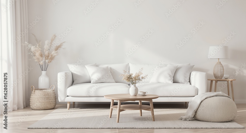 Fototapeta premium Modern Minimalist Living Room Interior with White Sofa