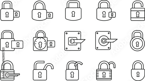 Isolated a kinds of deferent Lock icon. locked and unlocked black outline icon set for app, ui, ux and website. vector art with white background.