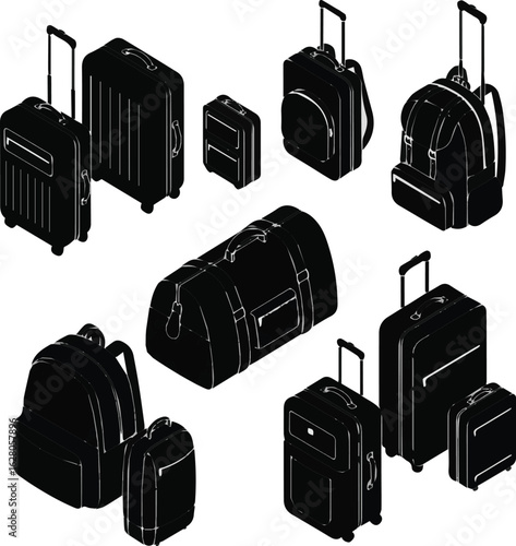 Isolated a kinds of deferent Luggage, suitcase, bag for summer vacation. Travel and transportation concept. Isometric vector art with white background.