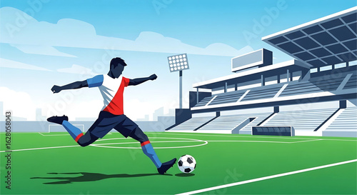 Dynamic vector illustration capturing a soccer player mid-kick in a stadium, showcasing vibrant colors and a sense of energetic athleticism, a testament to the beautiful game