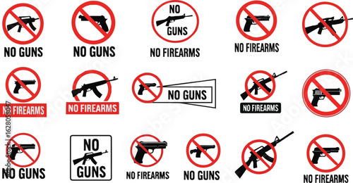 Isolated a kinds of deferent no guns sign, no firearms symbol vector art with white background.