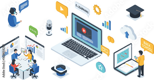 Isolated a kinds of deferent Online education concept. Business training, distance learning, back to school banner template. Internet course, podcast, webinar, video tutorial infographic. vector art 