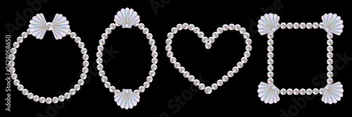 3d Pearl Frames with Scallop shell in trendy vintage style. Three-dimensional Pearl, SeaShells borders for holiday, wedding, birthday gift decorations.  Holographic Vector illustration.