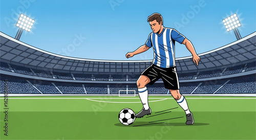 A Dynamic Soccer Player Controlling the Ball on the Field Under the Stadium Lights with an Engaging Game Scenario Visualized