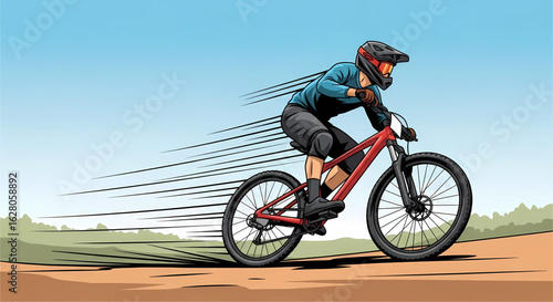 Cartoon illustration showcasing a mountain biker speeding through a dynamic terrain with blurred motion effects emphasizing speed and outdoor adventure