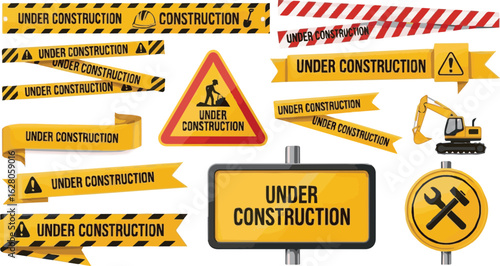Isolated a kinds of deferent under construction tape warning banner vector, Under construction sign for construction site and website vector art with white background