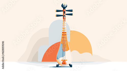 Traditional string instrument with colorful design and abstract background  