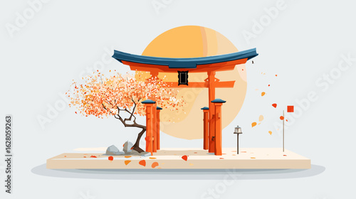 Japanese torii gate with cherry blossom tree and sun background  