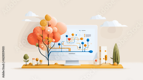 Modern computer with abstract tree and colorful design elements  