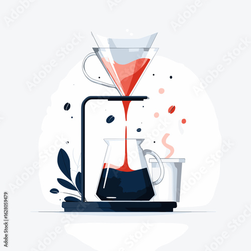 Coffee brewing process with filter and glass carafe on a tabletop  