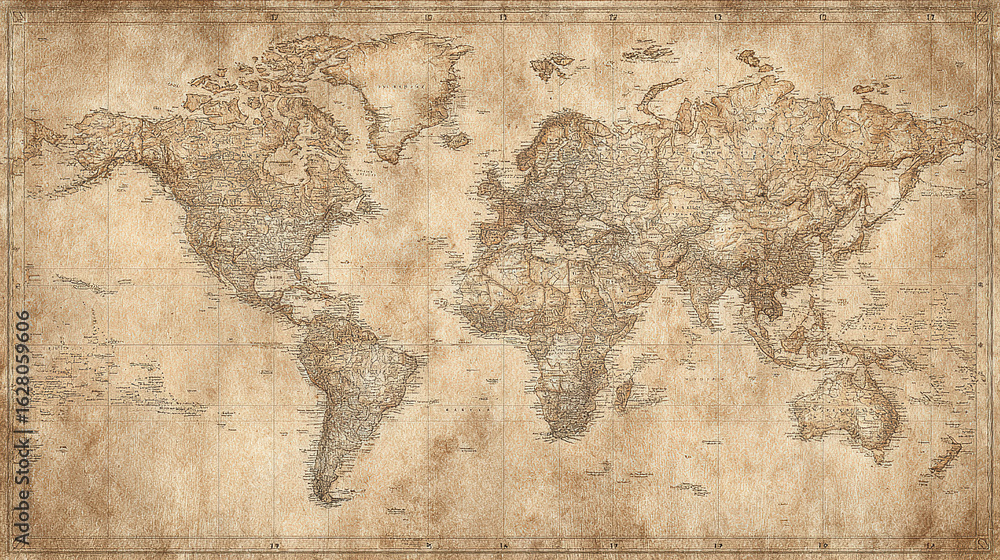 Naklejka premium Vintage world map with aged parchment texture, detailed cartography in warm sepia tones for an antique aesthetic.
