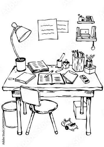 Sketch Vector Illustration of Student Desk with School Supplies — Transparent Background