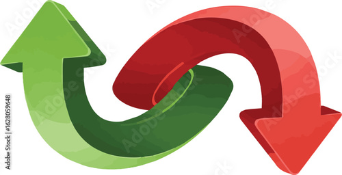 Isolated kinds of deferent Intertwined upward green and downward red arrows showing market dynamics. Business graph chart arrow 3d. vector art with white background.