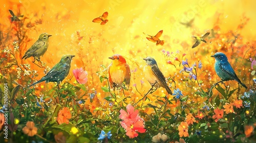 Digital painting of birds migrating across a blooming landscape with colorful flowers, fresh green leaves, and a warm golden spring sunrise, whimsical atmosphere