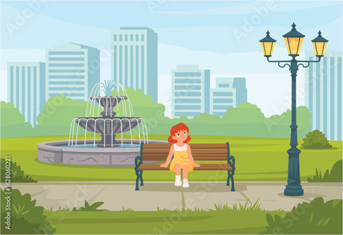 Girl sitting on park bench with fountain and city buildings in background vector