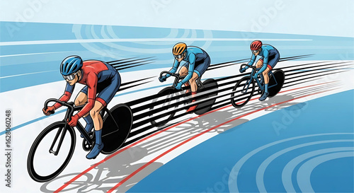 Cyclists racing at high speed in a velodrome track showcasing teamwork and athletic prowess in a colorful, dynamic illustration, emphasizing speed and competition