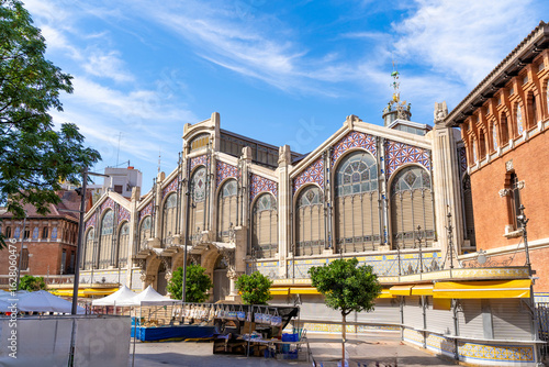 wide external view of the historic covered central market colon in valencia