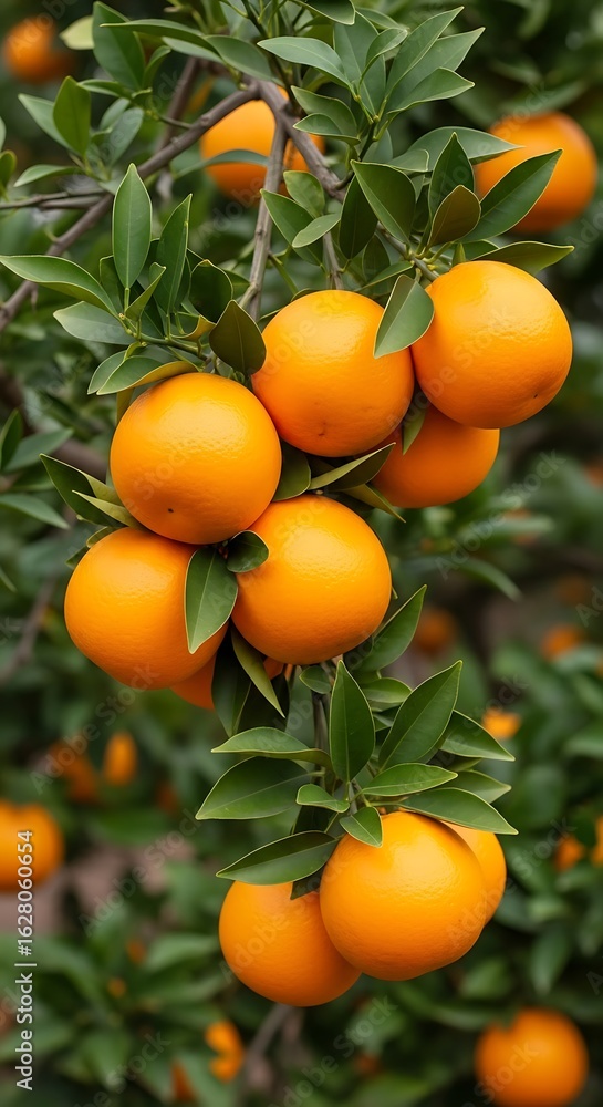 Ripe oranges hanging from branches. Ripe oranges hanging from branches.