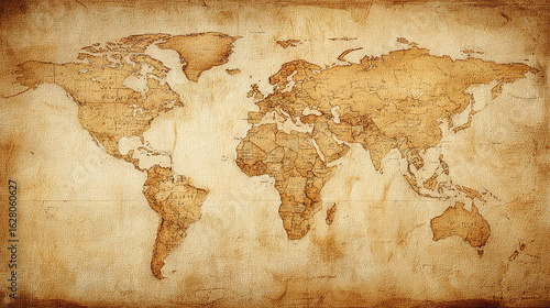 Vintage world map with aged parchment texture, detailed cartography in warm sepia tones for an antique aesthetic.