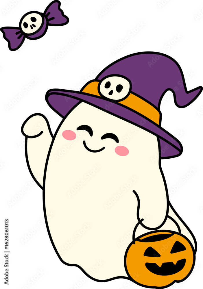Naklejka premium Cute Ghost with Pumpkin Bucket and Candy (Color Outline Illustration)