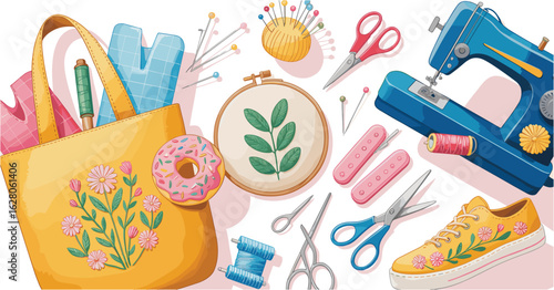 Sewing machine embroidery hoop scissors thread and tote bag with donut vector